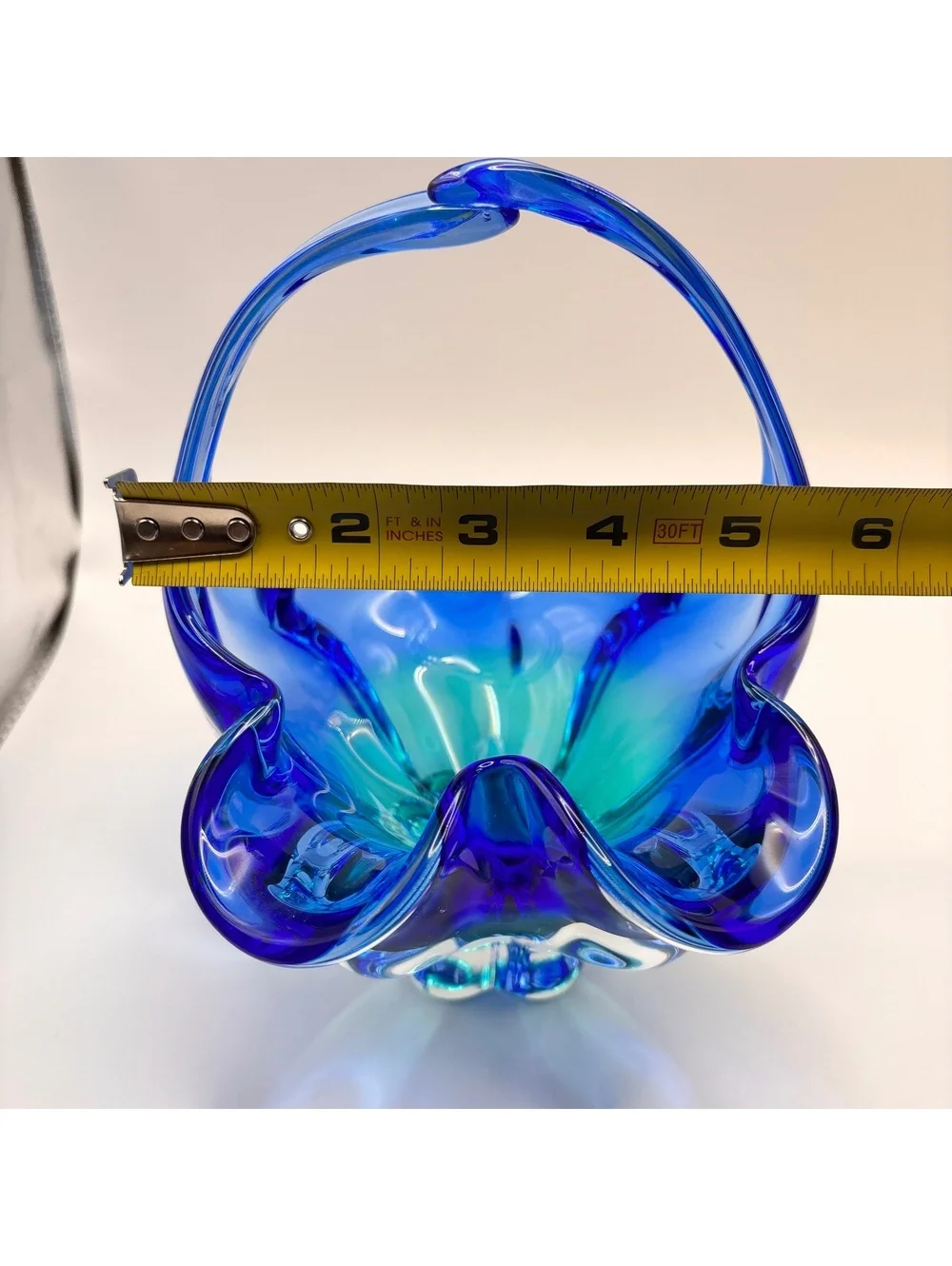 Vintage Cobalt Blue Hand-Blown Art Glass Basket Ruffled Rim Murano Style